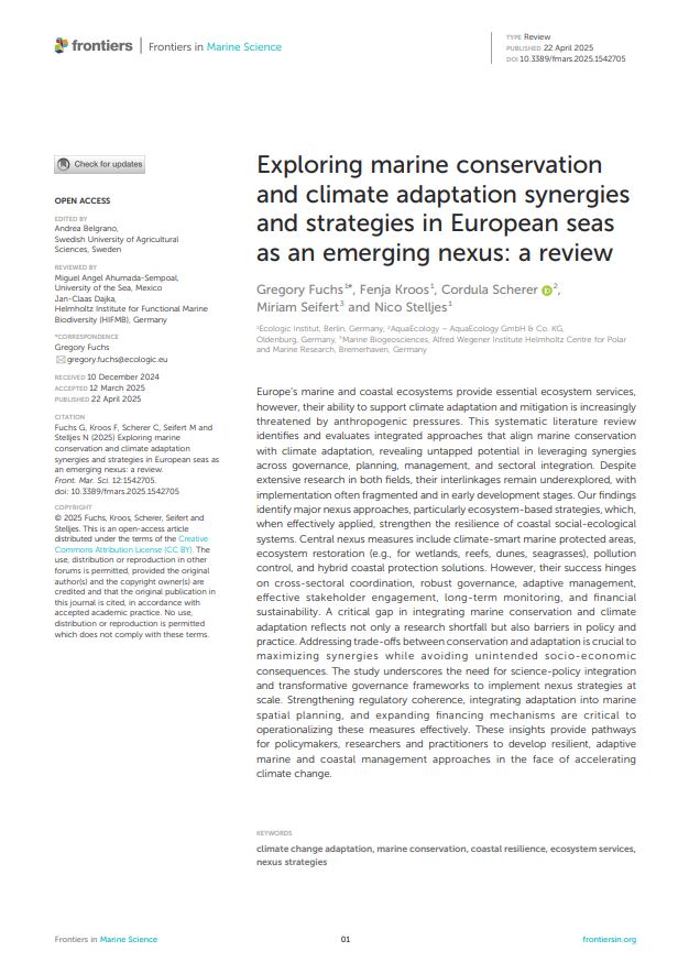The image shows the title page of an article from the journal 'Frontiers in Marine Science' titled 'Exploring marine conservation and climate adaptation synergies and strategies in European seas as an emerging nexus: a review.' The article was written by Gregory Fuchs, Fenja Kroos, Cordula Scherer, Miriam Seifert, and Nico Stelljes. It is a systematic literature review that explores approaches to marine conservation and climate adaptation strategies in European seas.